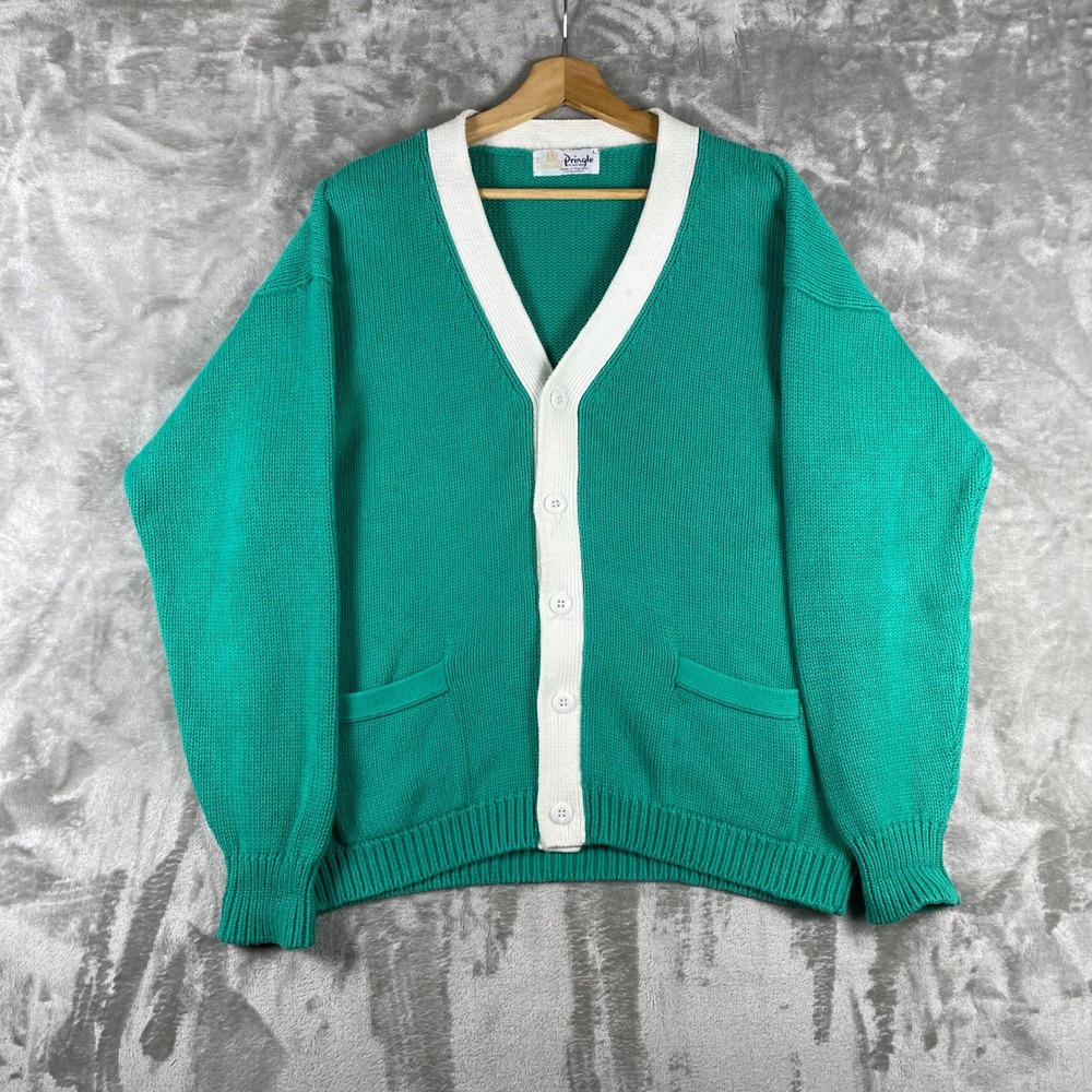 Vintage Pringle Cardigan Sweater Mens L Green Cotton V-Neck Button Front